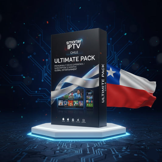 Smart IPTV Chile Ultimate Pack box with a digital circuit background and Chilean flag.