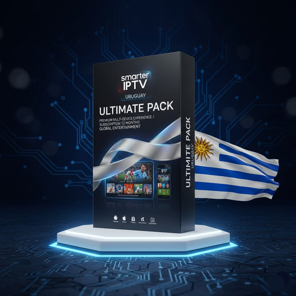 Smart IPTV Uruguay Ultimate Pack box with a flag of Uruguay on a digital background