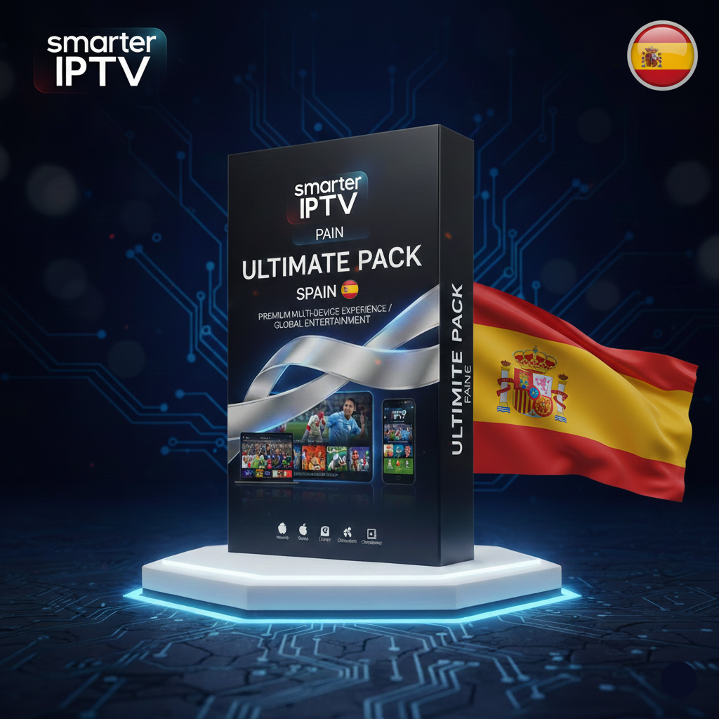 smarter IPTV Ultimate Pack Spain box with Spanish flag on a digital background