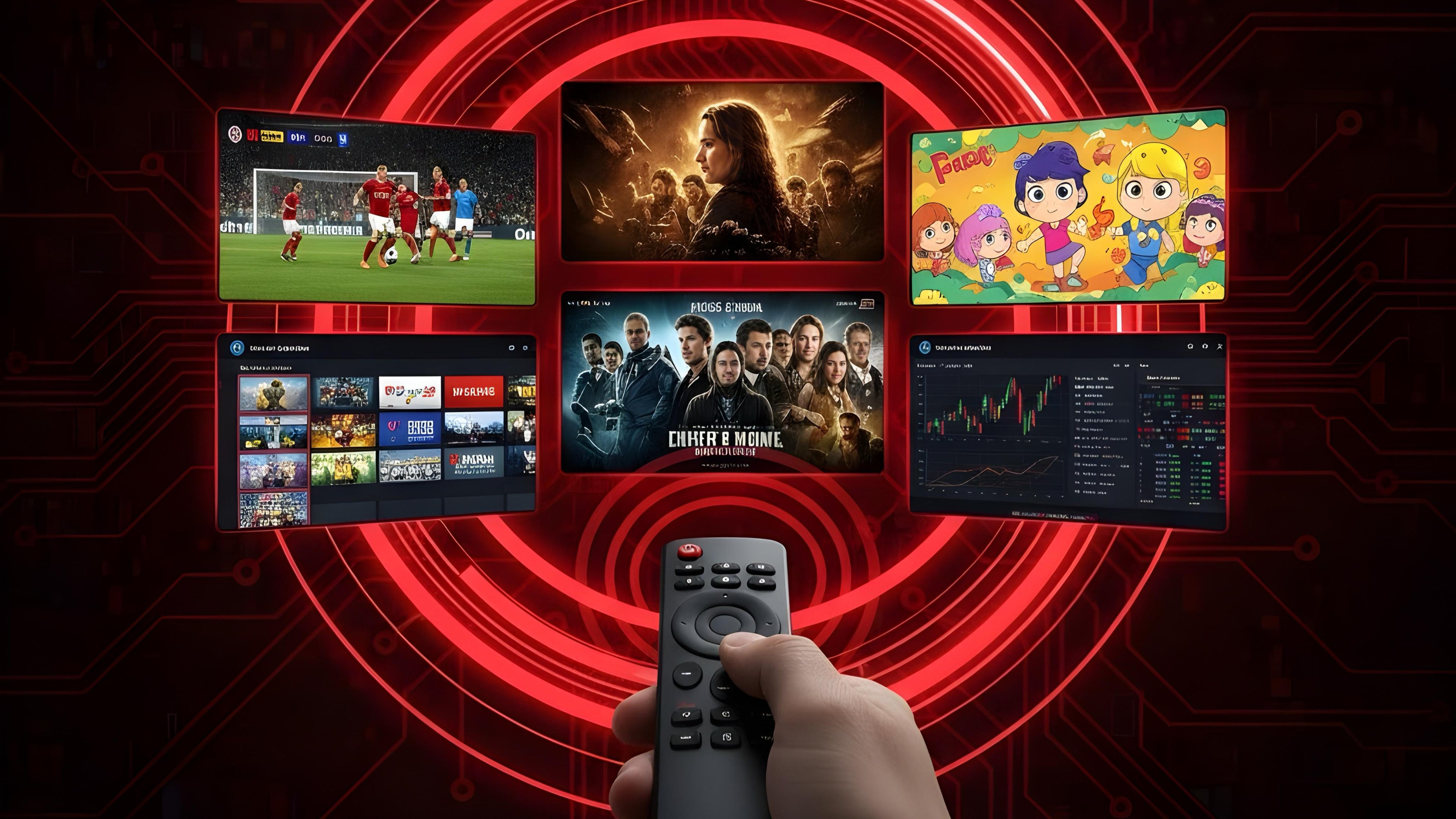 Smart IPTV service with remote control and various screen displays on a dark background