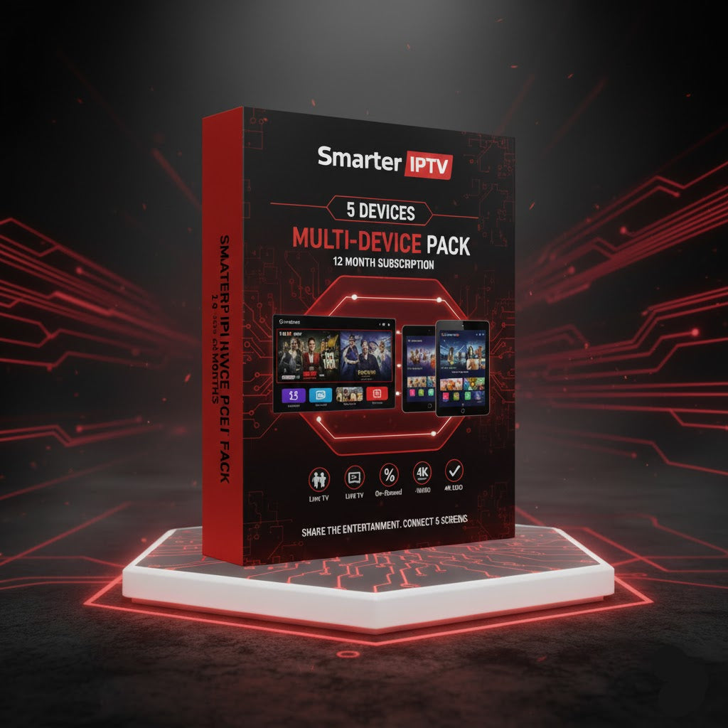 Smarter IPTV multi-device pack box on a dark background with red accents