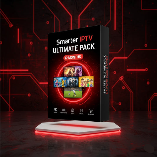 Smarter IPTV Ultimate Pack box on a stand with a red circuit board background