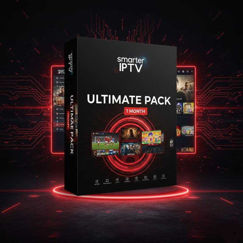 smarter IPTV Ultimate Pack box with digital interface images on a dark background