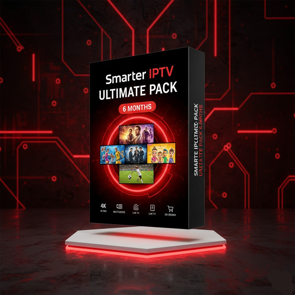 Smarter IPTV Ultimate Pack box on a stand with a red circuit board background