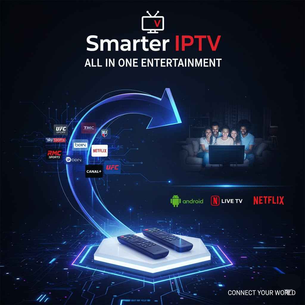 Advertisement for Smarter IPTV with entertainment options and branding elements.