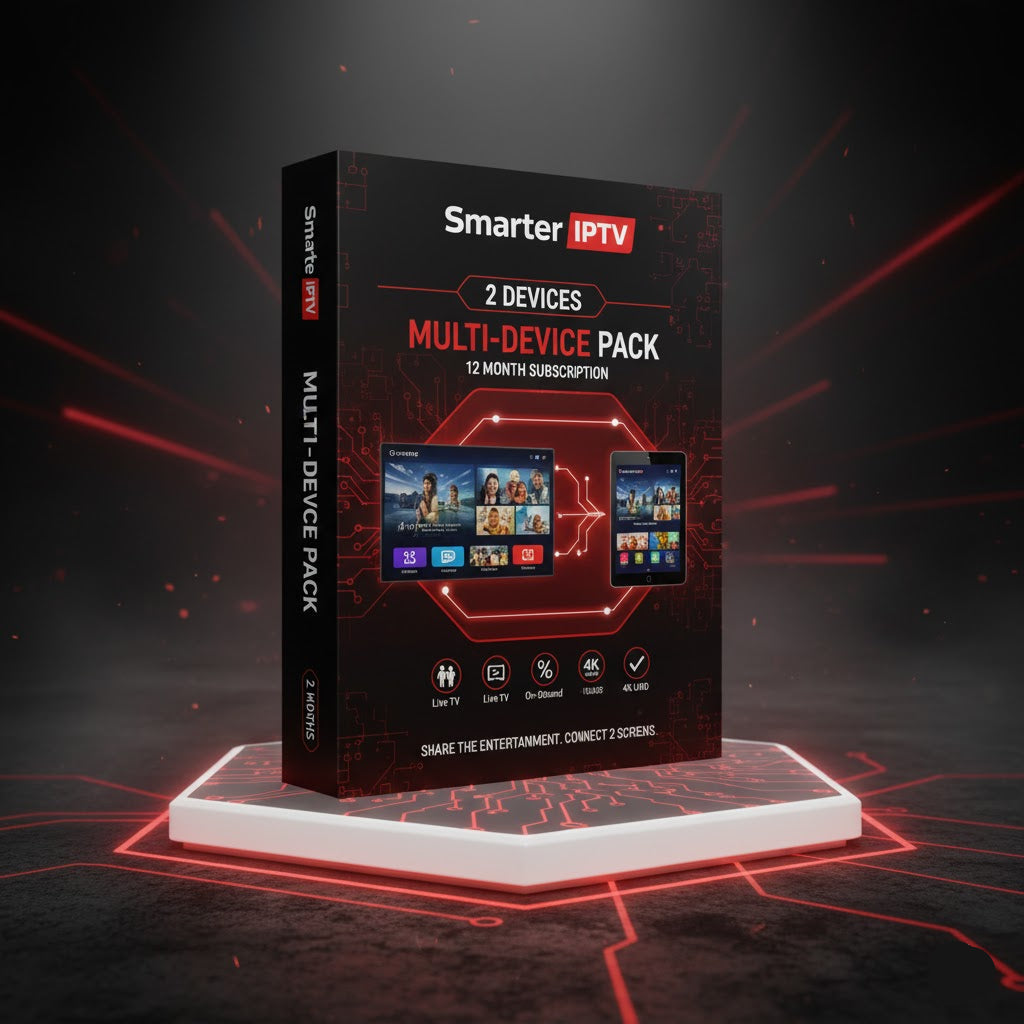 Smarter IPTV multi-device pack box on a dark background with red accents