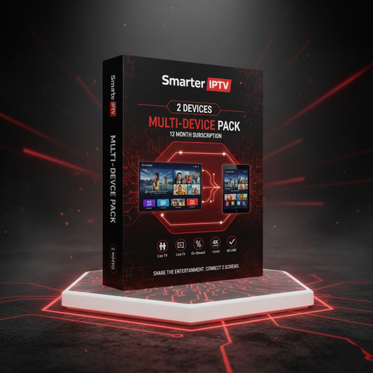 Smarter IPTV multi-device pack box on a dark background with red accents